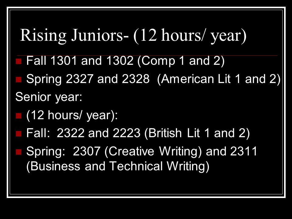 Rising Juniors- (12 hours/ year) Fall 1301 and 1302 (Comp 1 and 2) Spring 2327 and 2328 (American Lit 1 and 2) Senior year: (12 hours/ year): Fall: 2322 and 2223 (British Lit 1 and 2) Spring: 2307 (Creative Writing) and 2311 (Business and Technical Writing)