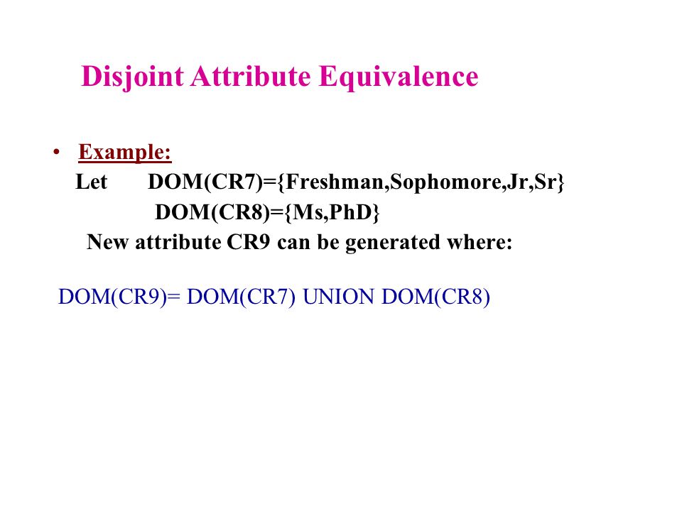 Let DOM(CR7)={Freshman,Sophomore,Jr,Sr} DOM(CR8)={Ms,PhD} New attribute CR9 can be generated where: DOM(CR9)= DOM(CR7) UNION DOM(CR8) Disjoint Attribute Equivalence