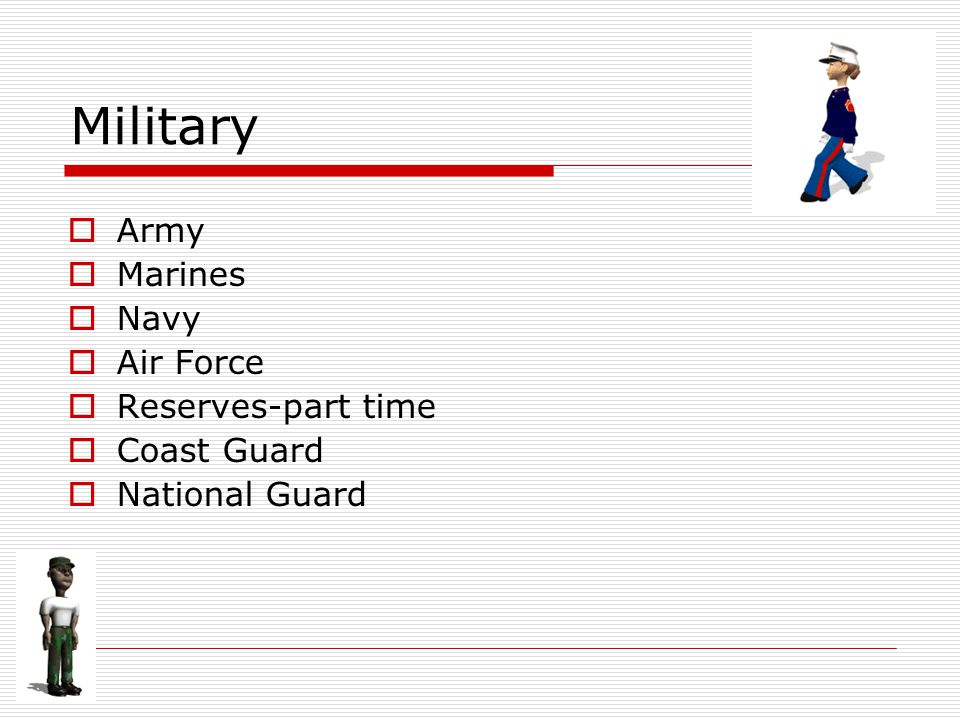 Military  Army  Marines  Navy  Air Force  Reserves-part time  Coast Guard  National Guard