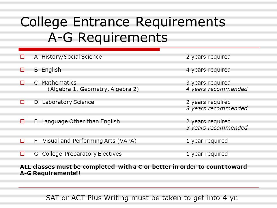 College Entrance Requirements A-G Requirements  A History/Social Science2 years required  B English4 years required  C Mathematics3 years required (Algebra 1, Geometry, Algebra 2) 4 years recommended  D Laboratory Science2 years required 3 years recommended  E Language Other than English2 years required 3 years recommended  F Visual and Performing Arts (VAPA) 1 year required  G College-Preparatory Electives 1 year required ALL classes must be completed with a C or better in order to count toward A-G Requirements!.