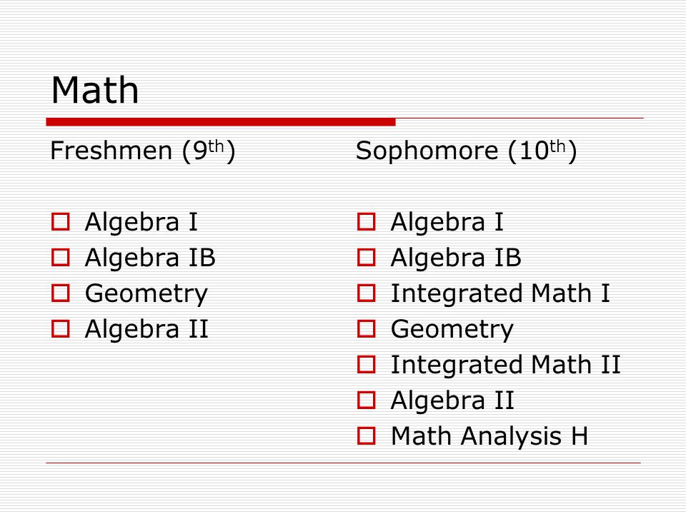 Math Freshmen (9 th )  Algebra I  Algebra IB  Geometry  Algebra II Sophomore (10 th )  Algebra I  Algebra IB  Integrated Math I  Geometry  Integrated Math II  Algebra II  Math Analysis H