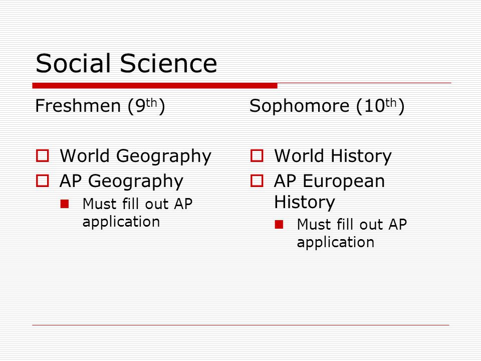 Social Science Freshmen (9 th )  World Geography  AP Geography Must fill out AP application Sophomore (10 th )  World History  AP European History Must fill out AP application