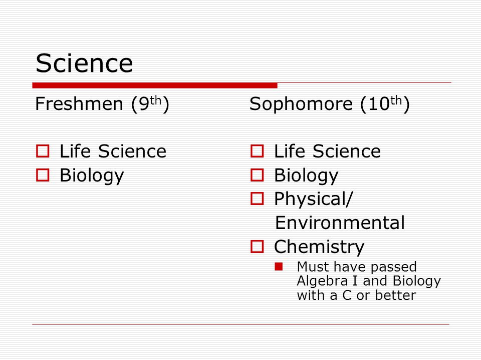 Science Freshmen (9 th )  Life Science  Biology Sophomore (10 th )  Life Science  Biology  Physical/ Environmental  Chemistry Must have passed Algebra I and Biology with a C or better
