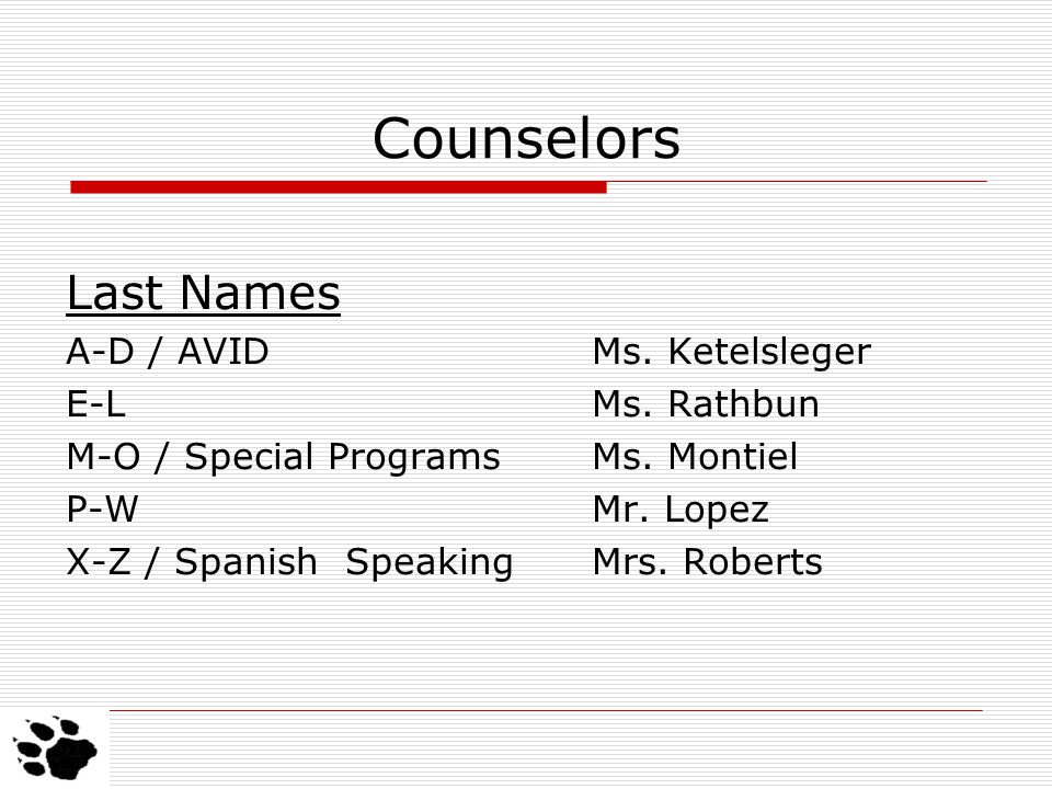 Counselors Last Names A-D / AVIDMs. Ketelsleger E-L Ms.