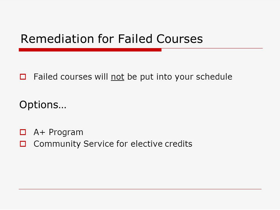 Remediation for Failed Courses  Failed courses will not be put into your schedule Options…  A+ Program  Community Service for elective credits