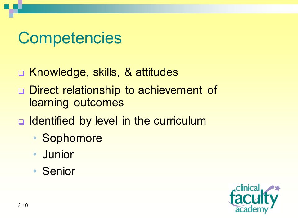 2-10 Competencies  Knowledge, skills, & attitudes  Direct relationship to achievement of learning outcomes  Identified by level in the curriculum Sophomore Junior Senior