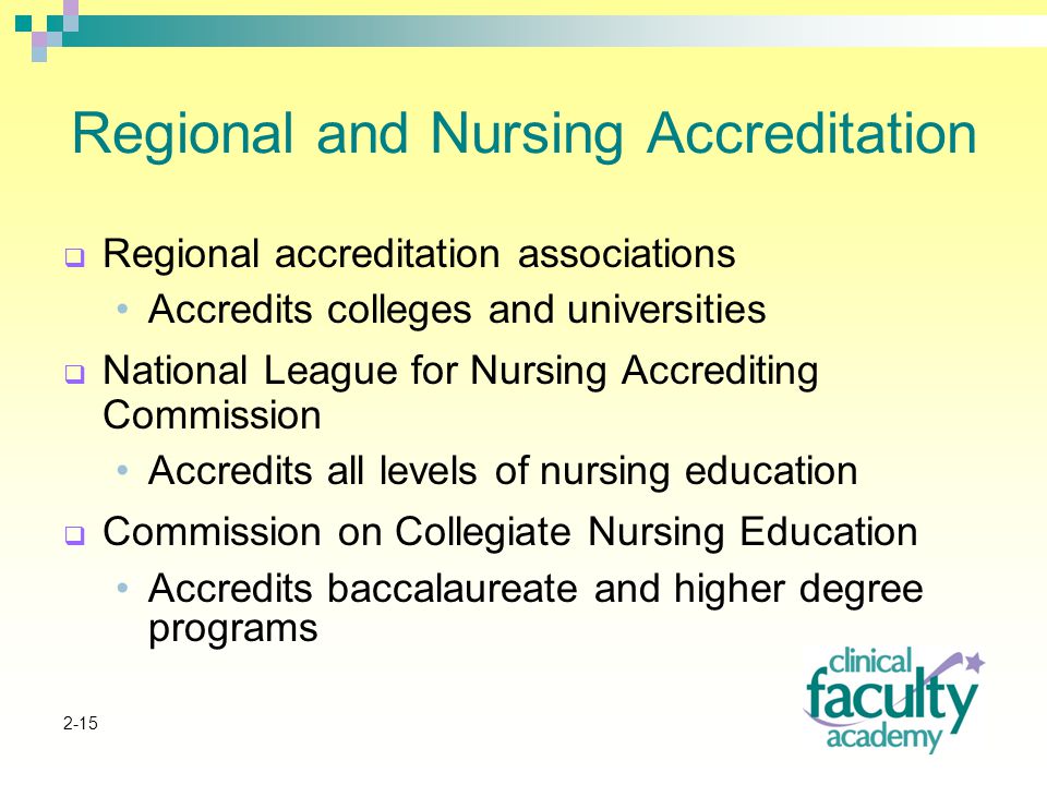 2-15 Regional and Nursing Accreditation  Regional accreditation associations Accredits colleges and universities  National League for Nursing Accrediting Commission Accredits all levels of nursing education  Commission on Collegiate Nursing Education Accredits baccalaureate and higher degree programs