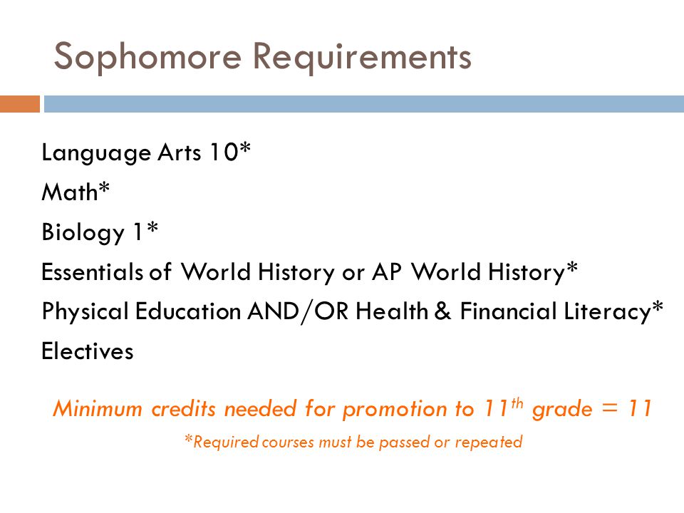 Sophomore Requirements Language Arts 10* Math* Biology 1* Essentials of World History or AP World History* Physical Education AND/OR Health & Financial Literacy* Electives Minimum credits needed for promotion to 11 th grade = 11 *Required courses must be passed or repeated