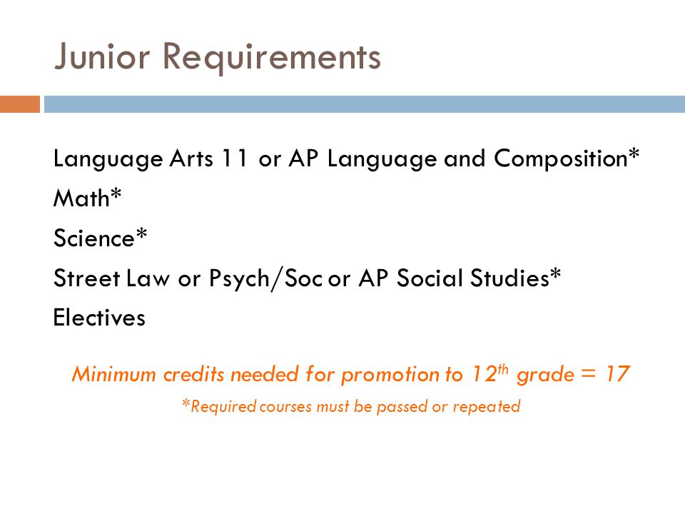 Junior Requirements Language Arts 11 or AP Language and Composition* Math* Science* Street Law or Psych/Soc or AP Social Studies* Electives Minimum credits needed for promotion to 12 th grade = 17 *Required courses must be passed or repeated