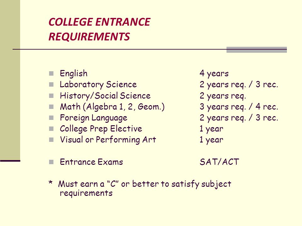 COLLEGE ENTRANCE REQUIREMENTS English 4 years Laboratory Science2 years req.