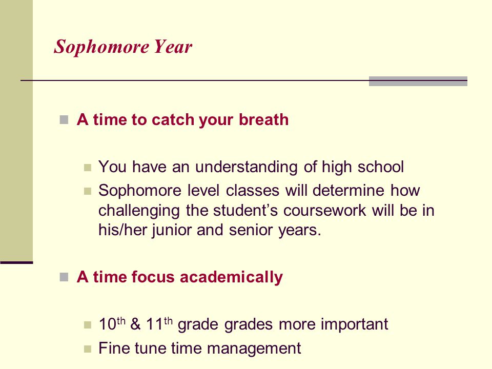 Sophomore Year A time to catch your breath You have an understanding of high school Sophomore level classes will determine how challenging the student’s coursework will be in his/her junior and senior years.