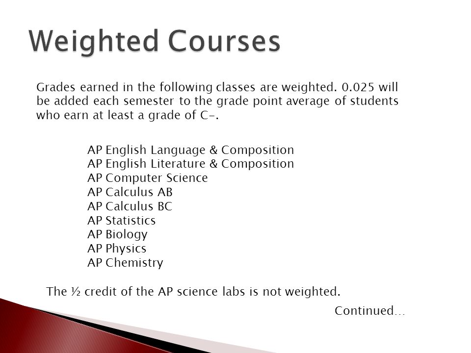 AP English Language & Composition AP English Literature & Composition AP Computer Science AP Calculus AB AP Calculus BC AP Statistics AP Biology AP Physics AP Chemistry Grades earned in the following classes are weighted.