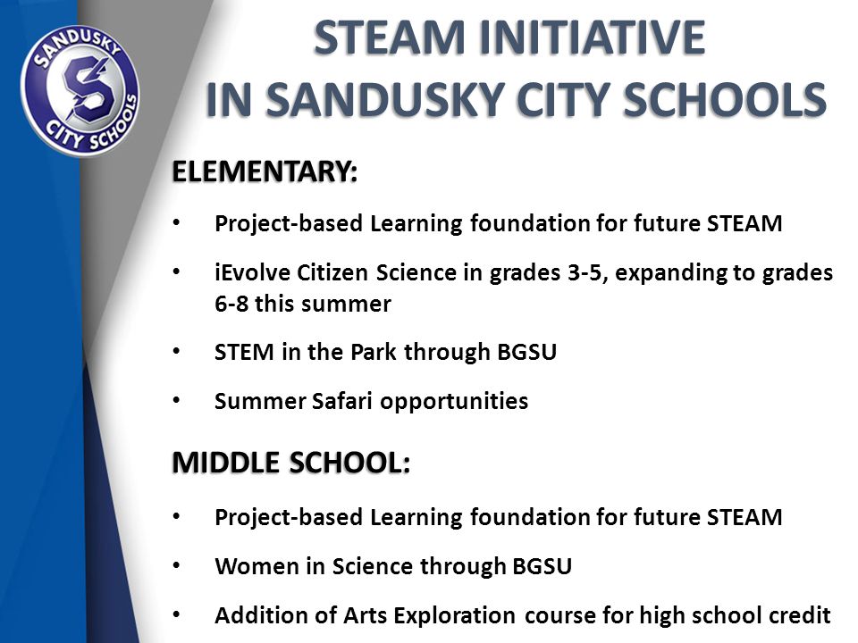 STEAM INITIATIVE IN SANDUSKY CITY SCHOOLS IN SANDUSKY CITY SCHOOLSELEMENTARY: Project-based Learning foundation for future STEAM iEvolve Citizen Science in grades 3-5, expanding to grades 6-8 this summer STEM in the Park through BGSU Summer Safari opportunities MIDDLE SCHOOL: Project-based Learning foundation for future STEAM Women in Science through BGSU Addition of Arts Exploration course for high school credit