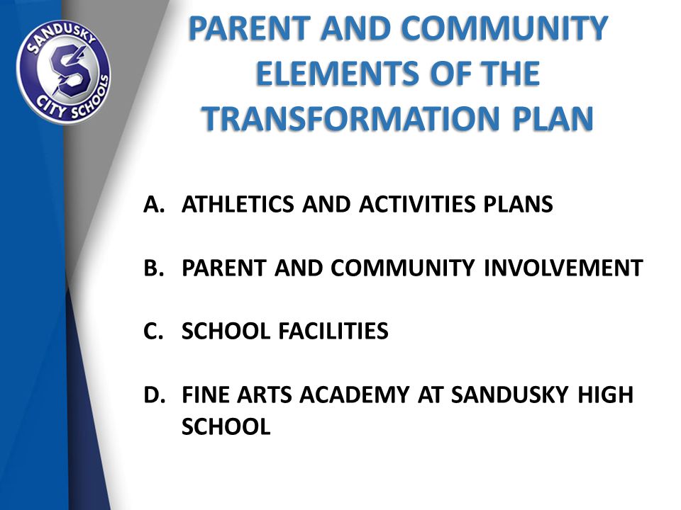PARENT AND COMMUNITY ELEMENTS OF THE TRANSFORMATION PLAN A.ATHLETICS AND ACTIVITIES PLANS B.PARENT AND COMMUNITY INVOLVEMENT C.SCHOOL FACILITIES D.FINE ARTS ACADEMY AT SANDUSKY HIGH SCHOOL