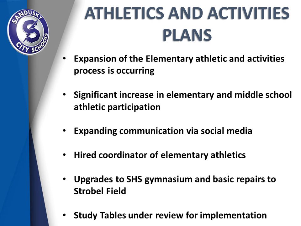 ATHLETICS AND ACTIVITIES PLANS Expansion of the Elementary athletic and activities process is occurring Significant increase in elementary and middle school athletic participation Expanding communication via social media Hired coordinator of elementary athletics Upgrades to SHS gymnasium and basic repairs to Strobel Field Study Tables under review for implementation