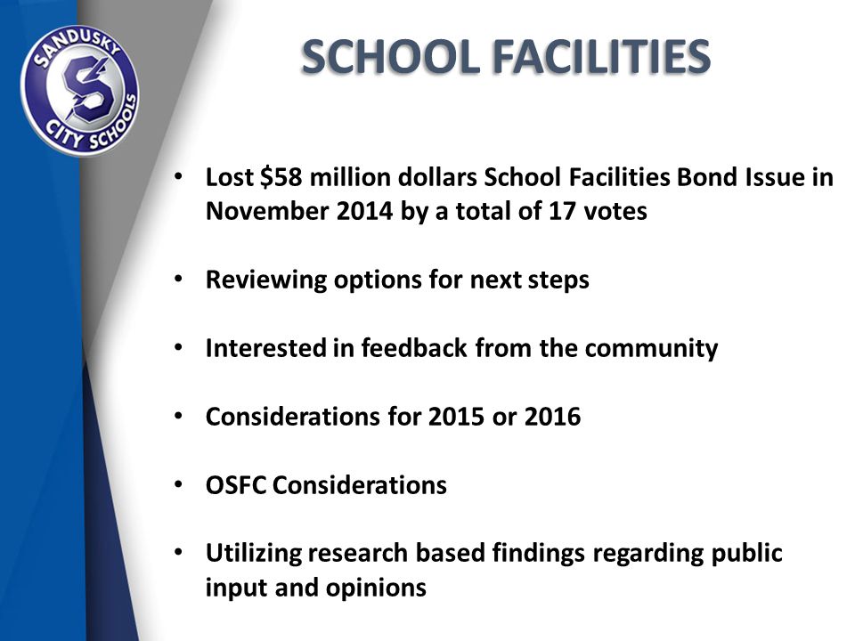 SCHOOL FACILITIES Lost $58 million dollars School Facilities Bond Issue in November 2014 by a total of 17 votes Reviewing options for next steps Interested in feedback from the community Considerations for 2015 or 2016 OSFC Considerations Utilizing research based findings regarding public input and opinions