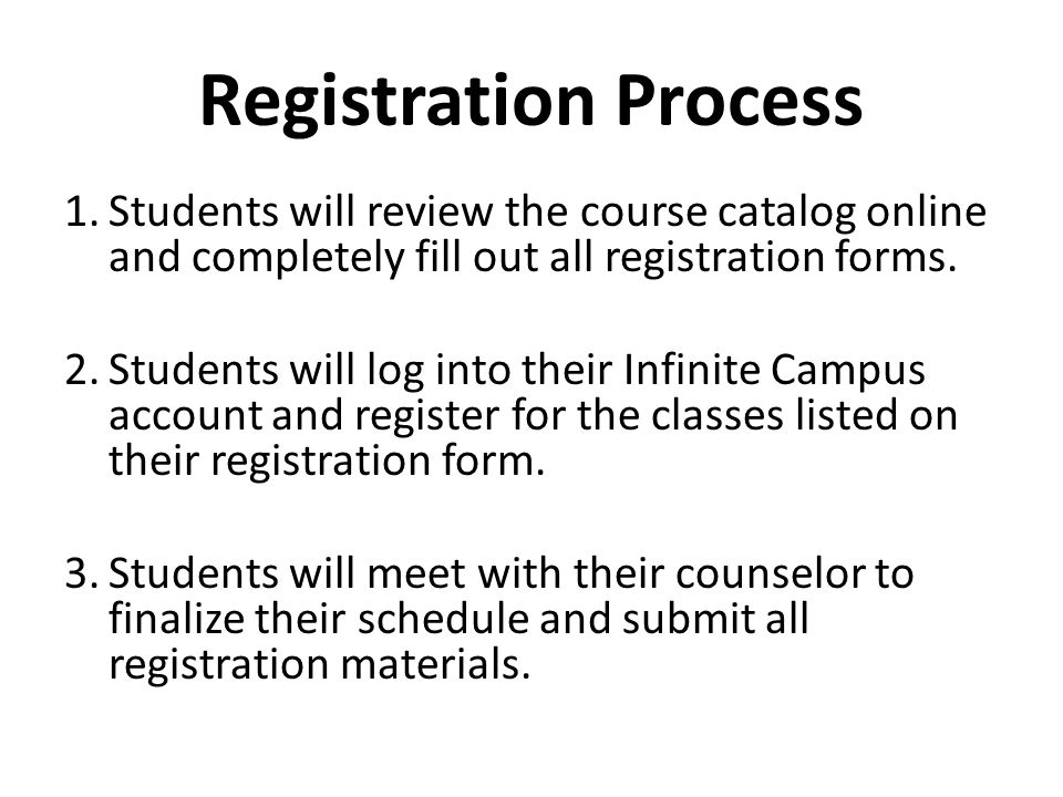 Registration Process 1.Students will review the course catalog online and completely fill out all registration forms.