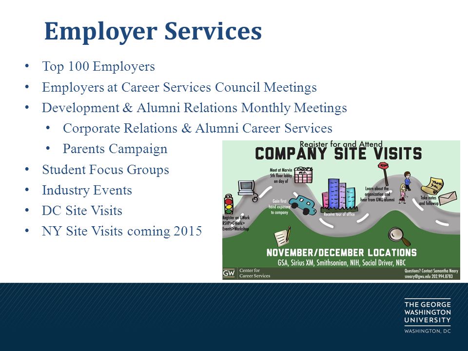 Employer Services Top 100 Employers Employers at Career Services Council Meetings Development & Alumni Relations Monthly Meetings Corporate Relations & Alumni Career Services Parents Campaign Student Focus Groups Industry Events DC Site Visits NY Site Visits coming 2015