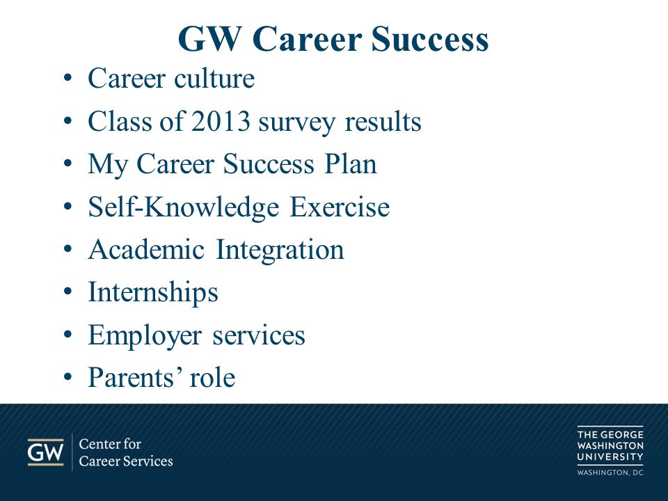 Career culture Class of 2013 survey results My Career Success Plan Self-Knowledge Exercise Academic Integration Internships Employer services Parents’ role GW Career Success