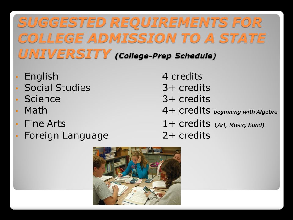 SUGGESTED REQUIREMENTS FOR COLLEGE ADMISSION TO A STATE UNIVERSITY (College-Prep Schedule) English4 credits Social Studies3+ credits Science3+ credits Math4+ credits beginning with Algebra Fine Arts1+ credits (Art, Music, Band) Foreign Language2+ credits