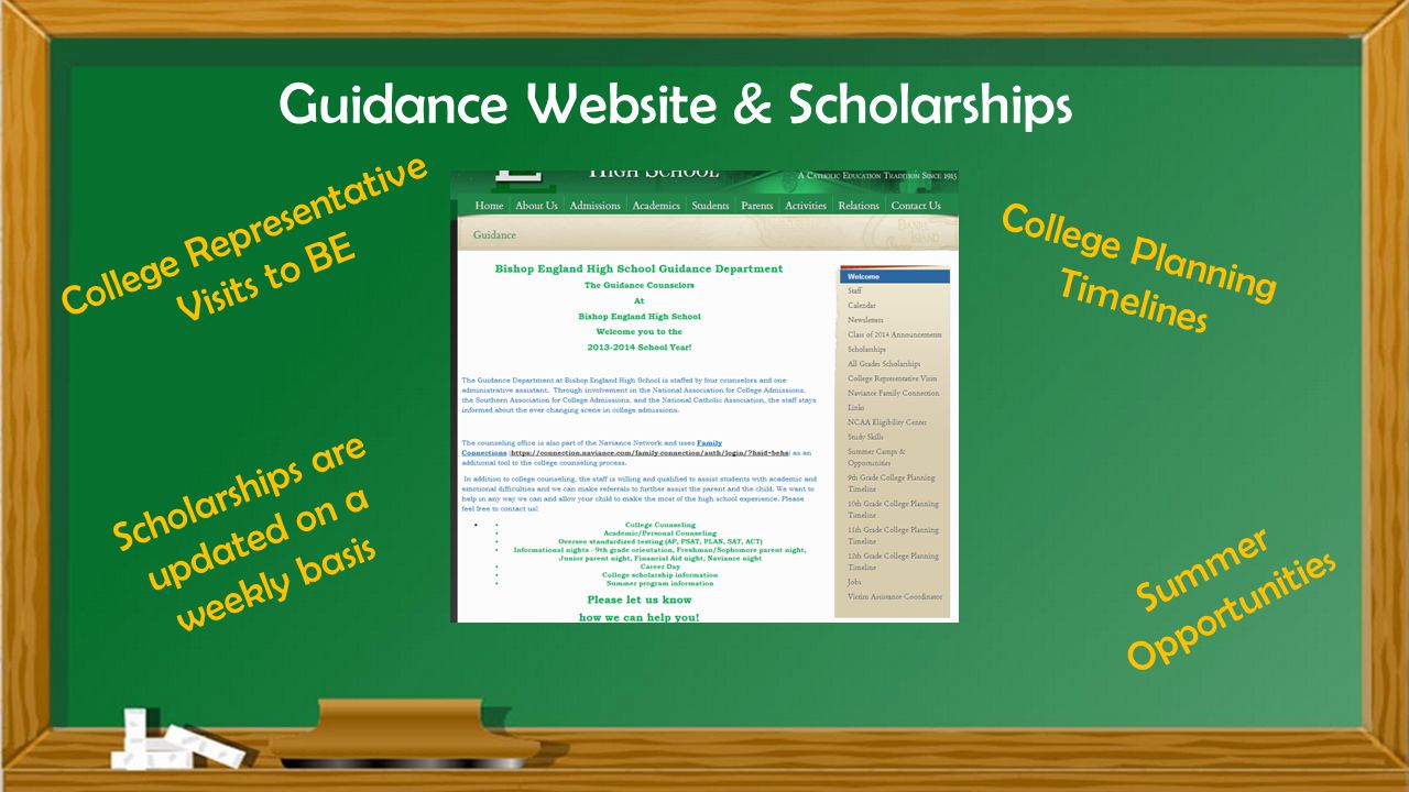 Guidance Website & Scholarships Scholarships are updated on a weekly basis Summer Opportunitie s College Planning Timelines College Representative Visits to BE