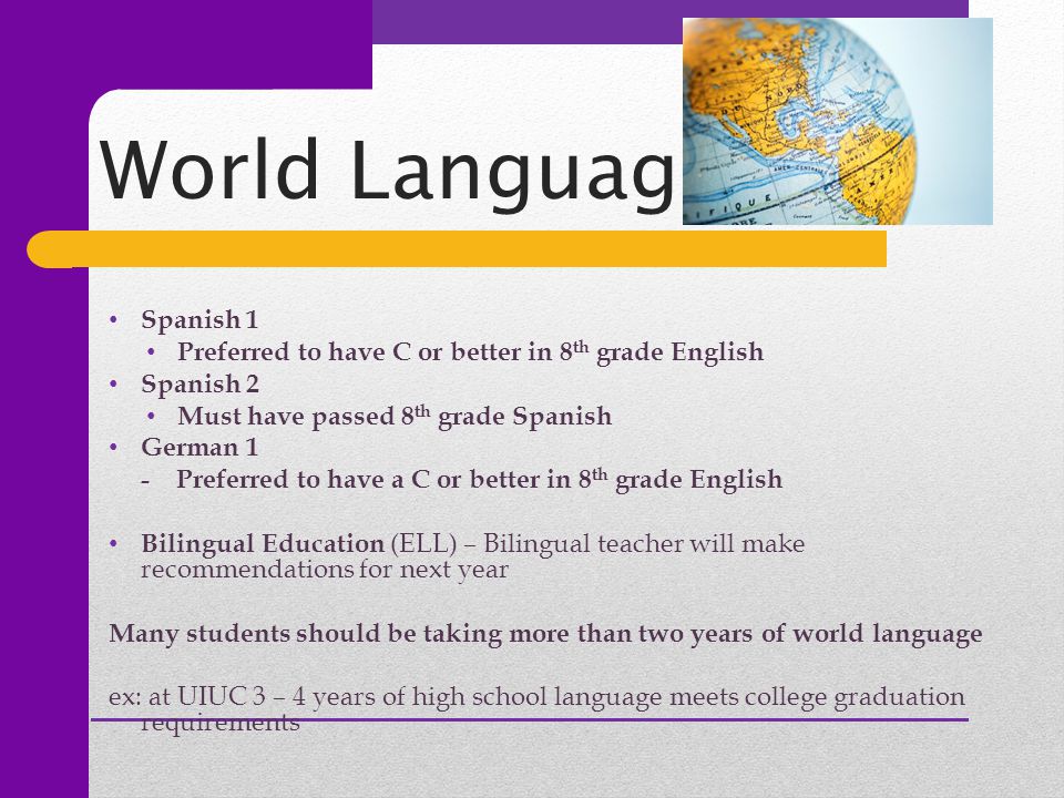 World Language Spanish 1 Preferred to have C or better in 8 th grade English Spanish 2 Must have passed 8 th grade Spanish German 1 - Preferred to have a C or better in 8 th grade English Bilingual Education (ELL) – Bilingual teacher will make recommendations for next year Many students should be taking more than two years of world language ex: at UIUC 3 – 4 years of high school language meets college graduation requirements