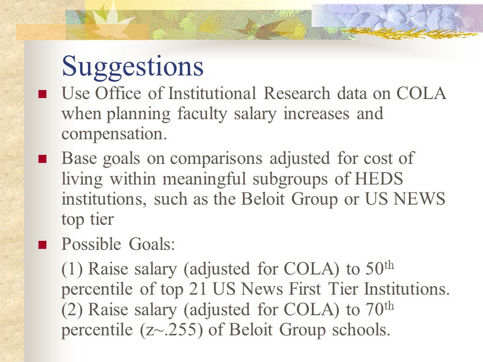 Suggestions Use Office of Institutional Research data on COLA when planning faculty salary increases and compensation.