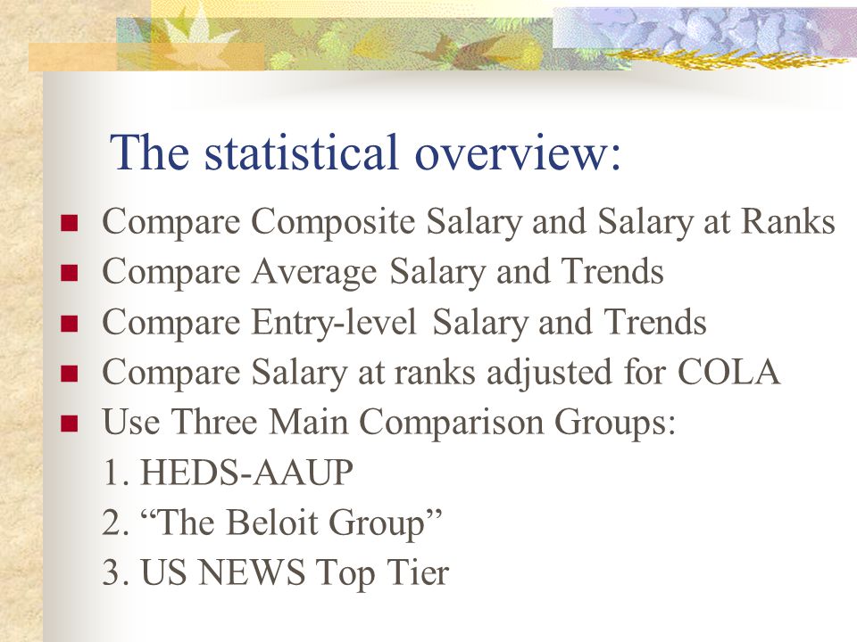 The statistical overview: Compare Composite Salary and Salary at Ranks Compare Average Salary and Trends Compare Entry-level Salary and Trends Compare Salary at ranks adjusted for COLA Use Three Main Comparison Groups: 1.