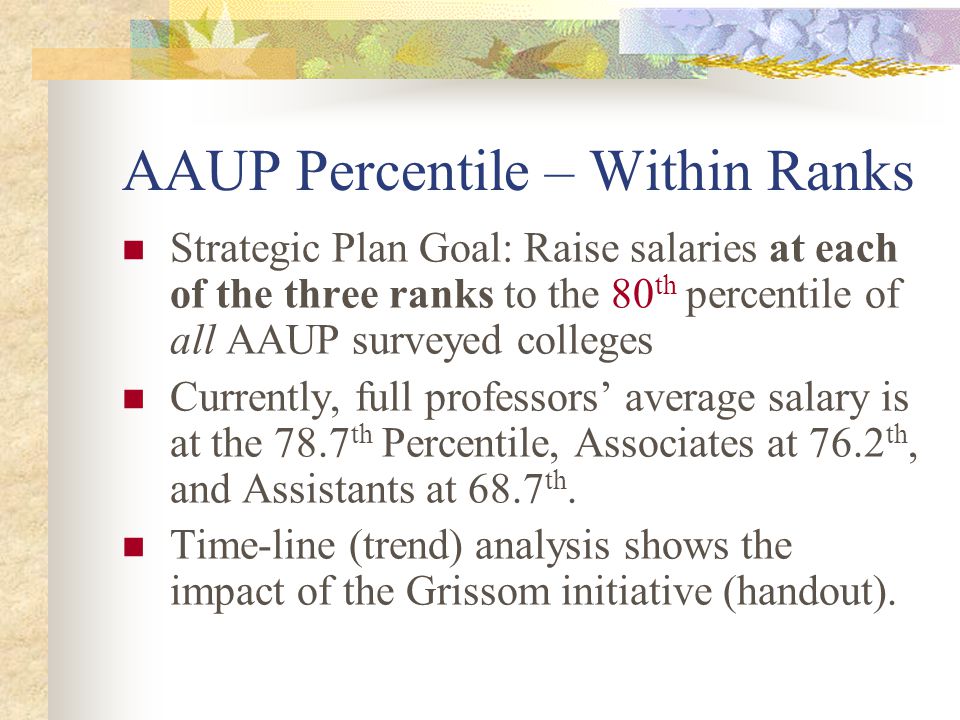 AAUP Percentile – Within Ranks Strategic Plan Goal: Raise salaries at each of the three ranks to the 80 th percentile of all AAUP surveyed colleges Currently, full professors’ average salary is at the 78.7 th Percentile, Associates at 76.2 th, and Assistants at 68.7 th.