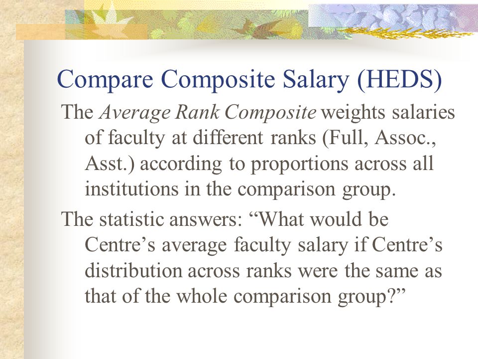 Compare Composite Salary (HEDS) The Average Rank Composite weights salaries of faculty at different ranks (Full, Assoc., Asst.) according to proportions across all institutions in the comparison group.