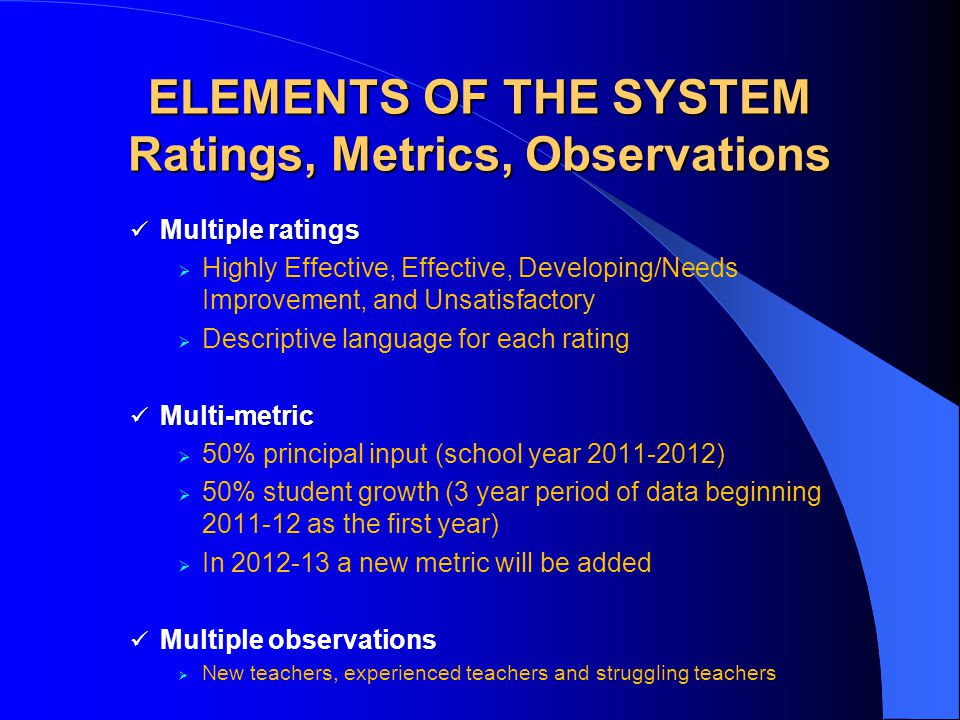 ELEMENTS OF THE SYSTEM Ratings, Metrics, Observations Multiple ratings Multiple ratings  Highly Effective, Effective, Developing/Needs Improvement, and Unsatisfactory  Descriptive language for each rating Multi-metric Multi-metric  50% principal input (school year )  50% student growth (3 year period of data beginning as the first year)  In a new metric will be added Multiple observations  New teachers, experienced teachers and struggling teachers