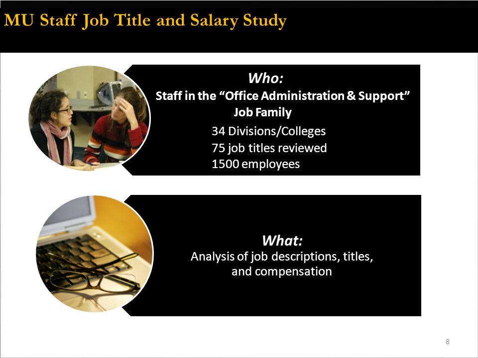 8 Who: Staff in the Office Administration & Support Job Family 34 Divisions/Colleges 75 job titles reviewed 1500 employees What: Analysis of job descriptions, titles, and compensation MU Staff Job Title and Salary Study