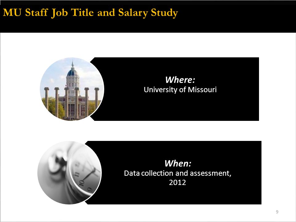 9 Where: University of Missouri When: Data collection and assessment, 2012 MU Staff Job Title and Salary Study