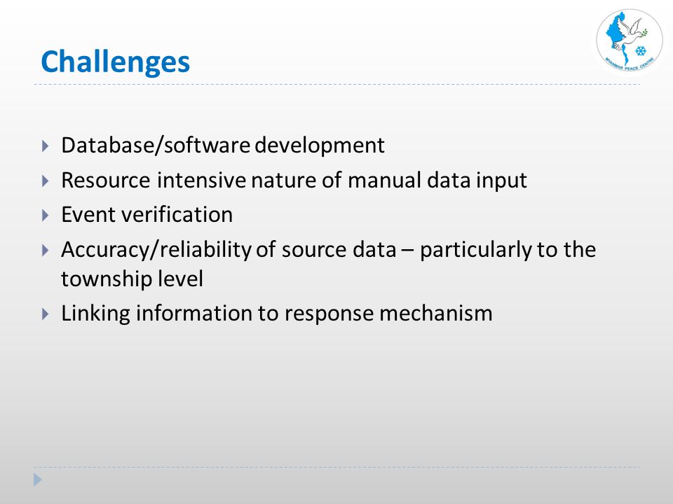 Challenges  Database/software development  Resource intensive nature of manual data input  Event verification  Accuracy/reliability of source data – particularly to the township level  Linking information to response mechanism