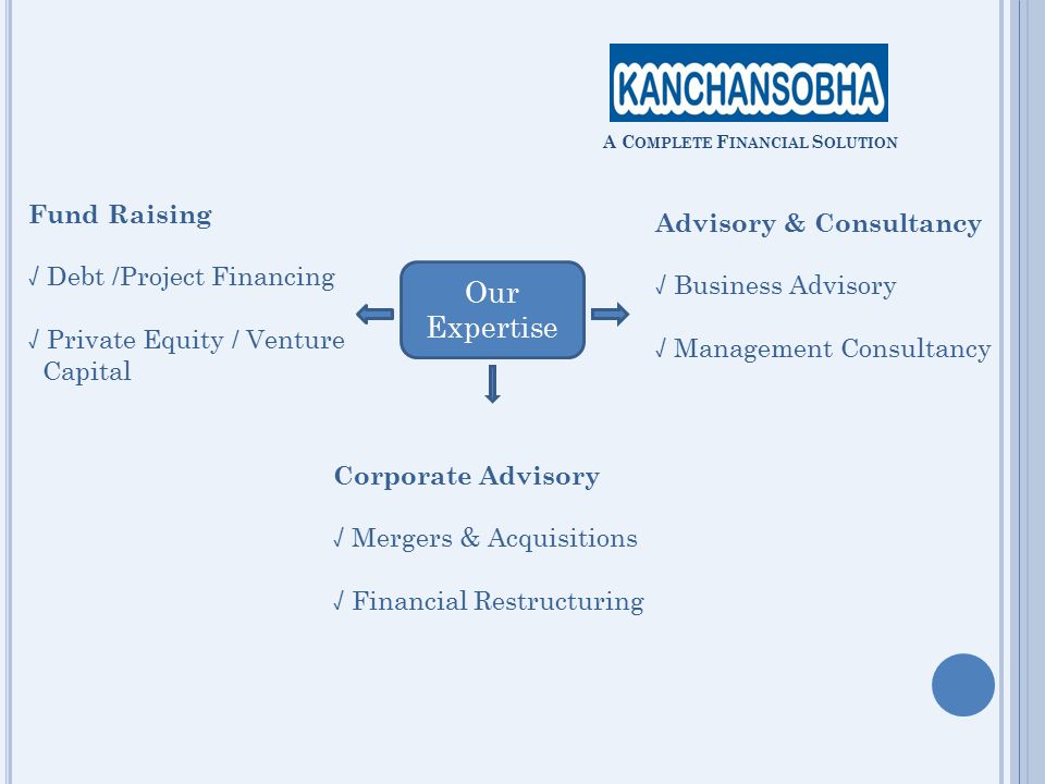 Our Expertise A C OMPLETE F INANCIAL S OLUTION Fund Raising √ Debt /Project Financing √ Private Equity / Venture Capital Advisory & Consultancy √ Business Advisory √ Management Consultancy Corporate Advisory √ Mergers & Acquisitions √ Financial Restructuring