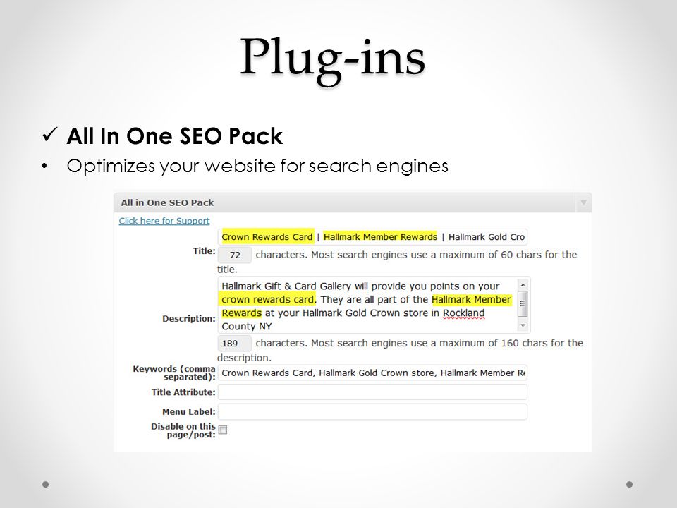 Plug-ins All In One SEO Pack Optimizes your website for search engines