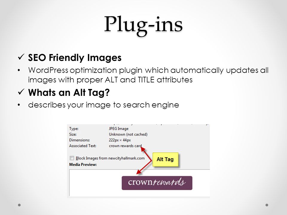 Plug-ins SEO Friendly Images WordPress optimization plugin which automatically updates all images with proper ALT and TITLE attributes Whats an Alt Tag.