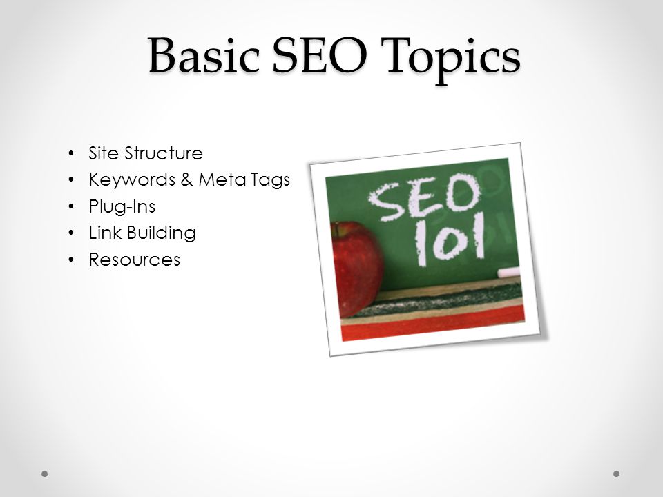 Basic SEO Topics Site Structure Keywords & Meta Tags Plug-Ins Link Building Resources