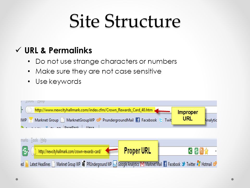 Site Structure URL & Permalinks Do not use strange characters or numbers Make sure they are not case sensitive Use keywords