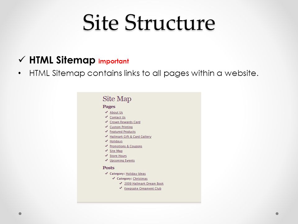 Site Structure HTML Sitemap important HTML Sitemap contains links to all pages within a website.