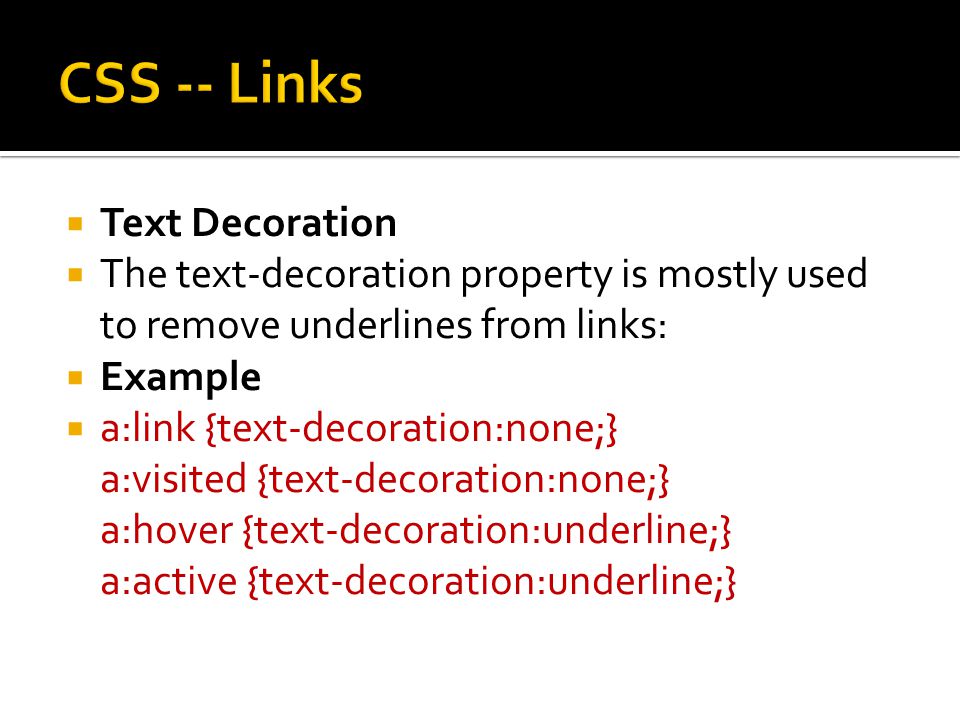 vía Profesor Aplicando Links.  Styling Links  Links can be styled with any CSS property (e.g.  color, font-family, background-color).  Special for links are that they  can. - ppt download