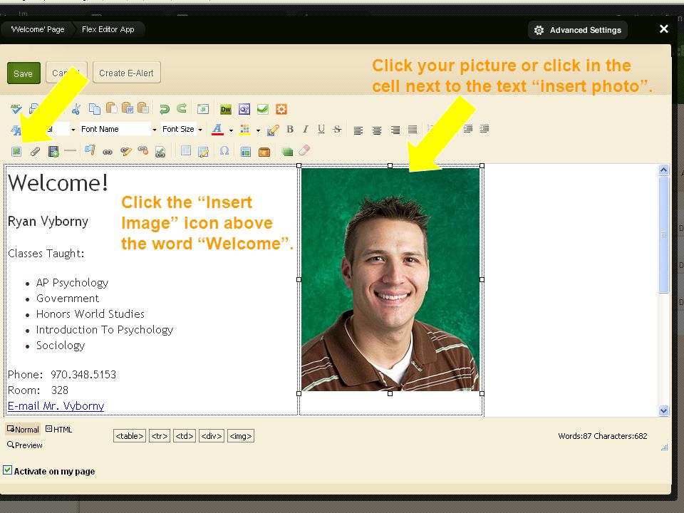 Editing Your Faculty Homepage Click your picture or click in the cell next to the text insert photo .