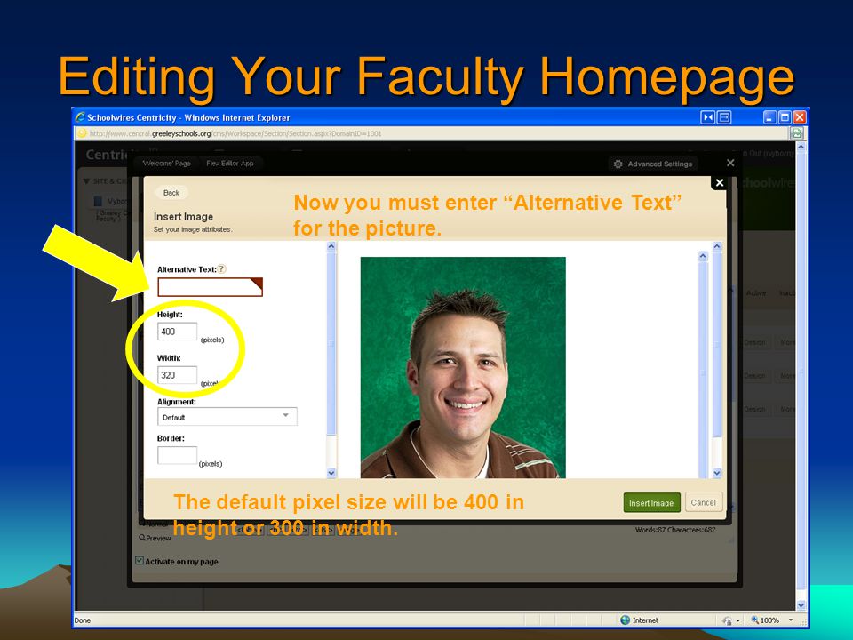 Editing Your Faculty Homepage Now you must enter Alternative Text for the picture.