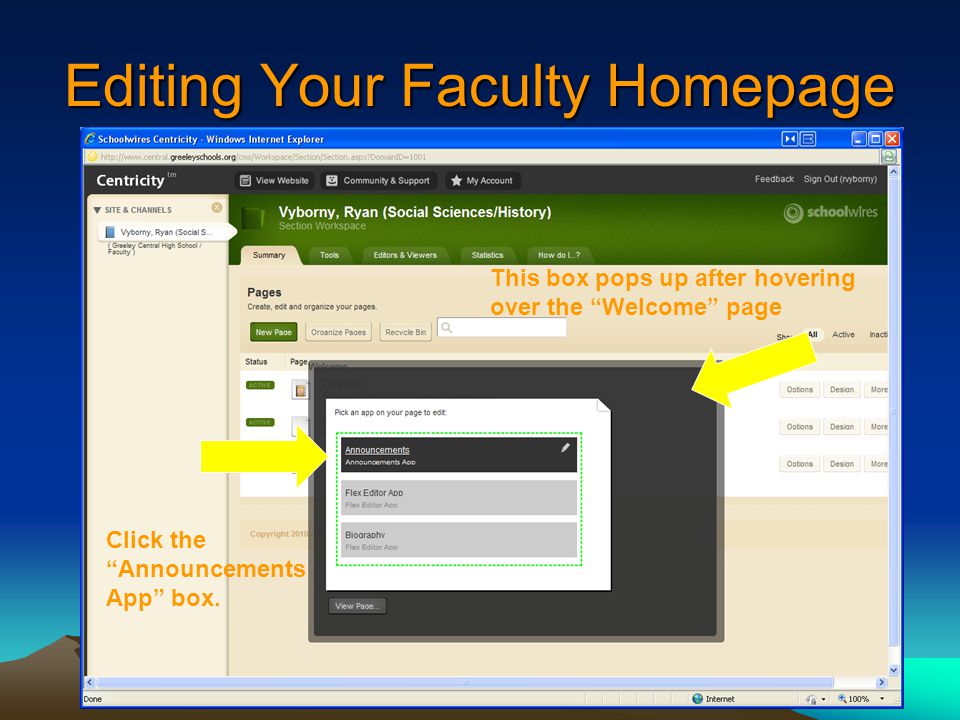 Editing Your Faculty Homepage Click the Announcements App box.