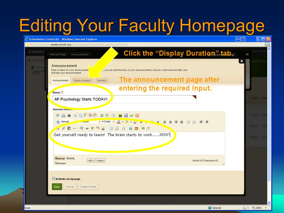 Editing Your Faculty Homepage The announcement page after entering the required input.