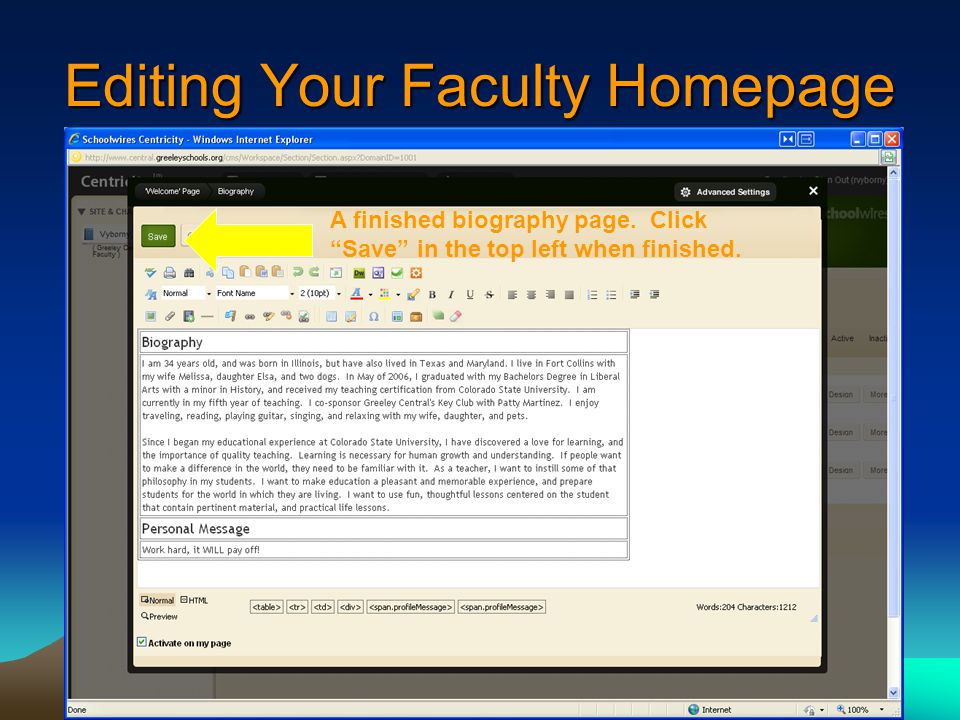 Editing Your Faculty Homepage A finished biography page.