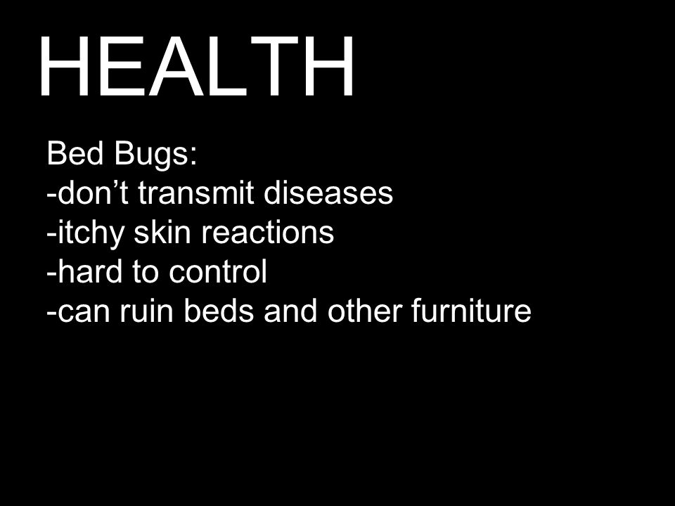 HEALTH Bed Bugs: -don’t transmit diseases -itchy skin reactions -hard to control -can ruin beds and other furniture