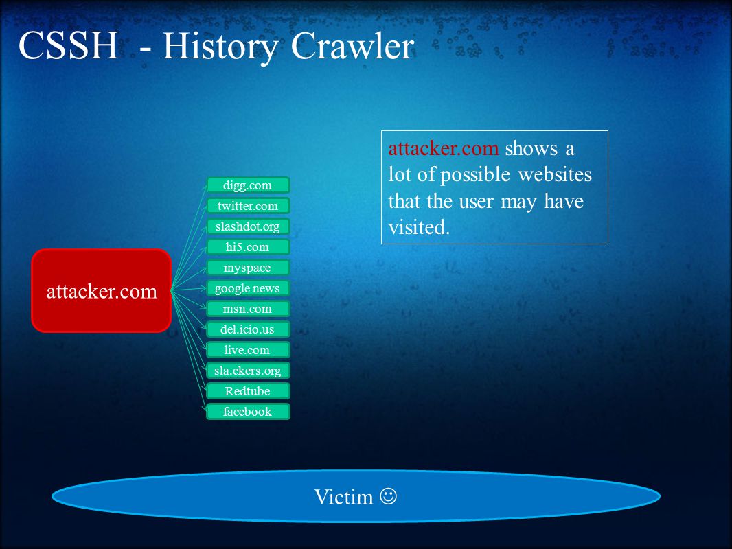 CSSH - History Crawler attacker.com digg.com twitter.com slashdot.org hi5.com myspace google news msn.com del.icio.us live.com sla.ckers.org Redtube facebook attacker.com shows a lot of possible websites that the user may have visited.