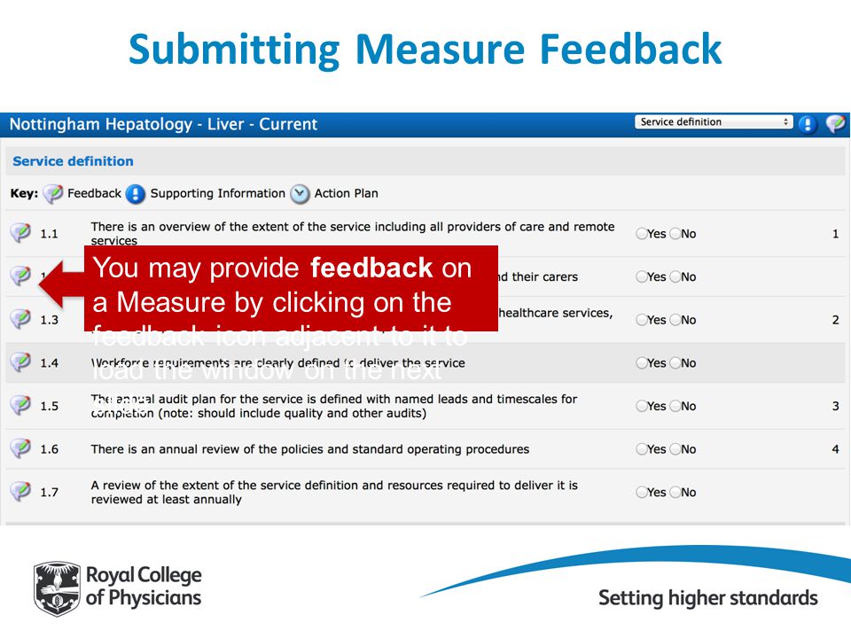 You may provide feedback on a Measure by clicking on the feedback icon adjacent to it to load the window on the next slide Submitting Measure Feedback