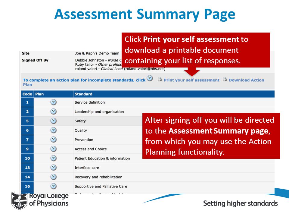 Assessment Summary Page After signing off you will be directed to the Assessment Summary page, from which you may use the Action Planning functionality.